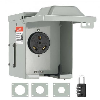 Picture of VEVOR Temporary Power Outlet Panel, 125/250V, RV Power Outlet Box with a 20/30/50 Amp Receptacle Installed, NEMA 14-50R / NEMA TT-30R / 15A GFCI for RV Camper Trailer Motorhome, Tested to UL Standards