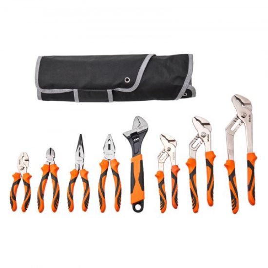 Picture of VEVOR 8-Piece Pliers Set, High Carbon Steel, 12"/10"/8" Groove Joint Pliers, 8" Linesman's Pliers, 6" Slip Joint Pliers, 8" Long Nose Pliers, 6" Diagonal Cutter, 10" Adjustable Wrench, and Tool Bag