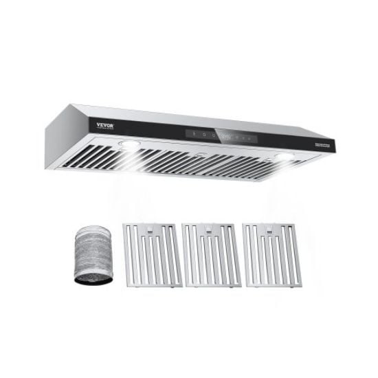 Picture of VEVOR Under Cabinet Range Hood, Dual Motors Ductless Kitchen Stove Vent, Stainless Steel Permanent Filter with 3-Speed Exhaust Fan, 2 Baffle Filters, LED Lights, Touch Control Panel, Silver (30 inch)