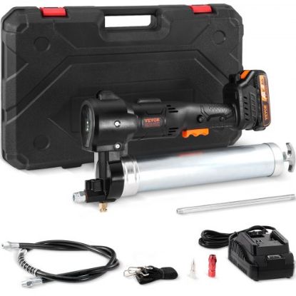 Picture of VEVOR Air Operated Grease Gun, 6000PSI, 14 OZ/400 CC Capacity Heavy Duty Pneumatic Grease Gun, with 18.5 Inch Flexible Hose, 1 Black Flat Coupler Pointed Coupler Bent Metal Pipe Locking Clamp Coupler