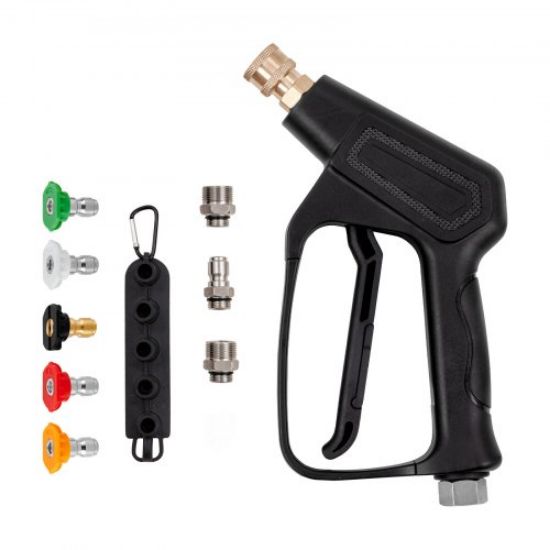 Picture of VEVOR Short Pressure Washer Gun, 4350 PSI High Power Washer Spay Gun, M22-14 Inlet & 1/4'' Outlet Hose Connector Foam Gun, Stainless Steel Pressure Washer Handle with 5 Color Quick Connect Nozzles