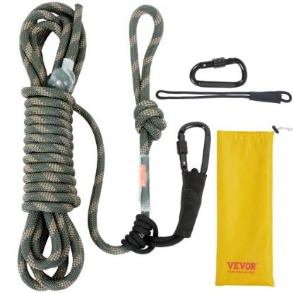 Picture of VEVOR Tree Stand Safety Rope, 9 ft/27.43M Treestand Lifeline Rope 30KN Breaking Tension, 0.6'' Hunting Safety Line with Prusik Knot, 2pcs Carabiner and Silencer, for Treestrap and Climbing