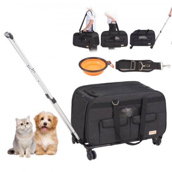 Picture of VEVOR Cat Carrier with Wheels, Rolling Pet Carrier with Telescopic Handle and Shoulder Strap, Dog Carrier with Wheels for Pets under 35 lbs, with 1 Folding Bowl, Black