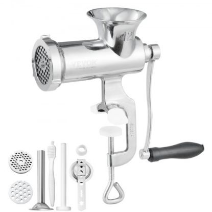 Picture of VEVOR Manual Meat Grinder, 304 Stainless Steel Hand Meat Grinder with Steel Table Clamp, Meat Mincer Sausage Maker & 2 Cutting Plates, Cookie Attachment, Sausage Tube for Beef Pepper Mushroom Cookie