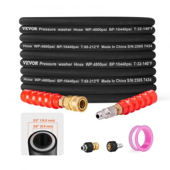 Picture of VEVOR Pressure Washer Hose, 100FT, Kink Free 3/8"-φ14.8 Male, 3/8"-φ15 Female For Most Brand Pressure Washers, 4.9'' Bending Radius, 4800 PSI Heavy Duty Power Washer Extension Replacement Hose