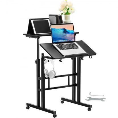 Picture of VEVOR Mobile Standing Desk, 26.4"-44.9" Gas-Spring Height Adjustable Sit-Stand Desk, Home Office Rolling Laptop Table 360° Swivel Wheels (4 Lockable), 0-45° Tillable Desktop, 2 Hooks, 40LBS Loading