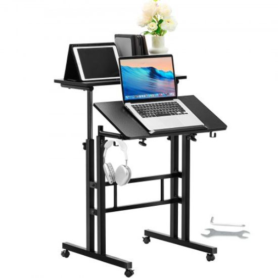 Picture of VEVOR Mobile Standing Desk, 26.4"-44.9" Gas-Spring Height Adjustable Sit-Stand Desk, Home Office Rolling Laptop Table 360° Swivel Wheels (4 Lockable), 0-45° Tillable Desktop, 2 Hooks, 40LBS Loading