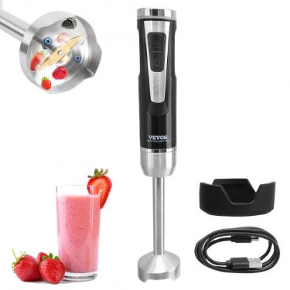 Picture of VEVOR Commercial Immersion Blender, 200 Watt 8-Speed Heavy Duty Immersion Blender, Stainless Steel Blade Copper Motor Hand Mixer, USB Charging Cable Multi-purpose Easy Control Grip Stick Mixer, Black