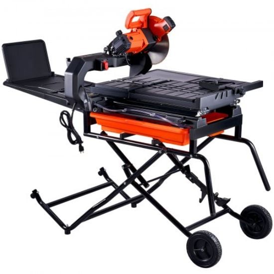 Picture of VEVOR Wet Tile Saw with Stand, 10-inch 65Mn Steel Blade, 4500 RPM Motor, Tile Cutter Wet Saw with Water Reservoir and Casters, 0-45 Degrees Miter Angle for Cutting Tiles, Floor Tiles, and Stones