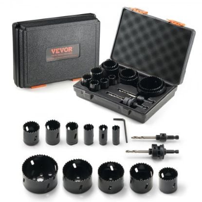 Picture of VEVOR Hole Saw Kit, 18 PCS Saw Blades, 6 Drill Bits, 1 Hex Wrench, General Purpose Size from 3/4" to 4-1/2", Bi Metal M42 Hole Saw Set with Carrying Case, Ideal for Wood Board, Plastic and Iron Plate