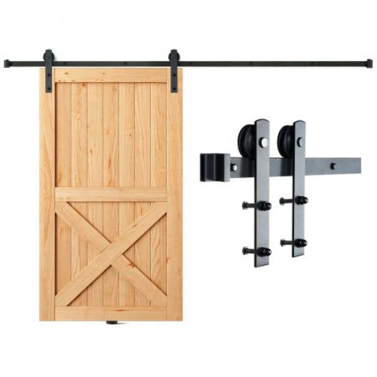 Picture of VEVOR 8FT Sliding Barn Door Hardware Kit, 330LBS Heavy Duty Barn Door Track Kit for Double Doors, Fit 3.7-4.3FT Total Wide and 1.3"-1.8" Thick 2 Door Panel, with Smooth & Silent Pulley (J Shape)