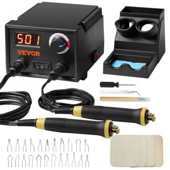 Picture of VEVOR Wood Burning Kit, 250~700°C Adjustable Temperature with Display, Dual Output Port with 2 Pyrography Pens, 23 Wire Nibs, 5 Solid-Point Tips, 2 Pen Holder, 4 Wood Chip, 1 Tweezers, 1 Sponge