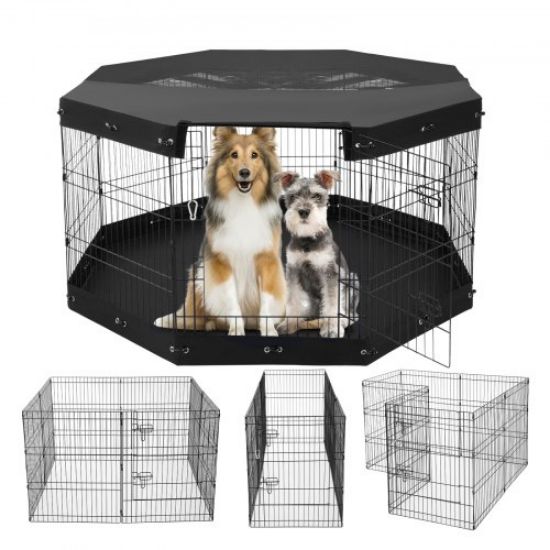 Picture of VEVOR Dog Playpen, 8 Panels Foldable Metal Dog Exercise Pen with Bottom Pad, 24" H Pet Fence Puppy Crate Kennel with Ground Stakes, Indoor Outdoor Dog Pen for Small Medium Pets, for Camping, Yard