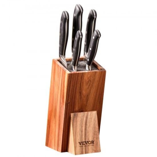 Picture of VEVOR Universal Knife Holder, Acacia Wood Knife Block Without Knives, Two-Tier Knife Storage Stand with PP Brush, Extra Large Multifunctional Wooden Knife Organizer, Knife Rack for Kitchen Counter