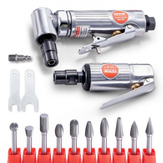 Picture of VEVOR Air Die Grinder Kit, Right Angle Grinder w/ Die Grinder Combo & 10PCS Single Cut Carbide Burr Set, Lightweight, Ball Bearing Construction for Grinding, Deburring, Cutting, Polishing