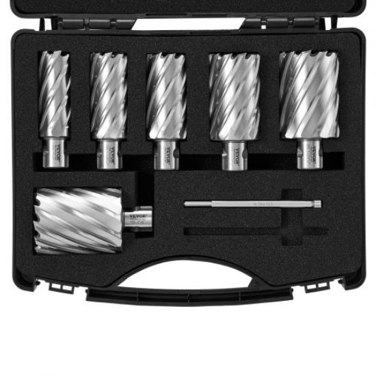 Picture of VEVOR Annular Cutter Set, 6 pcs Weldon Shank Mag Drill Bits, 1" to 2" Cutting Diameter, 2" Cutting Depth, M2AL High-Speed Steel, with 2 Pilot Pins and Portable Case, for Using with Magnetic Drills