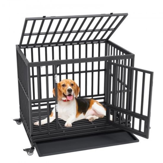 Picture of VEVOR 47 Inch Heavy Duty Dog Crate, Indestructible Dog Crate, 3-Door Heavy Duty Dog Kennel for Medium to Large Dogs with Lockable Wheels and Removable Tray, High Anxiety Dog Crate for Indoor & Outdoor