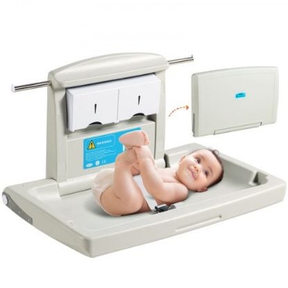 Picture of VEVOR Wall-Mounted Baby Changing Station, Horizontal Foldable Diaper Change Table with Safety Straps and Hanging Rods, Use in Commercial Bathrooms,  Daycare Centers for Newborns & Infant