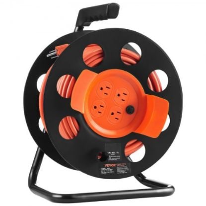 Picture of VEVOR Retractable Extension Cord Reel, 30 FT, Heavy Duty 16AWG/3C SJTOW Power Cord, with Lighted Triple Tap Outlet 10 Amp Circuit Breaker, for Ceiling or Wall Mount Garage and Shop, ETL Listed