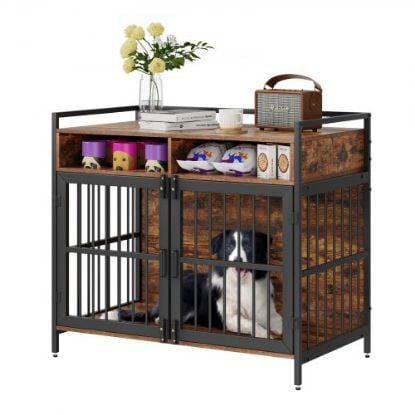 Picture of VEVOR Dog Crate Furniture, 38.6 inch Wooden Dog Crate with Double Doors, Heavy-Duty Dog Cage End Table with Multi-Purpose Removable Tray, Modern Dog Kennel Indoor for Dogs up to 70lb, Rustic Brown