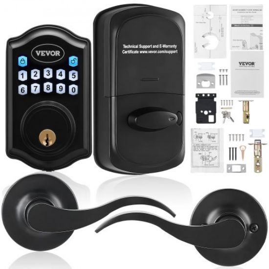 Picture of VEVOR Keyless Entry Door Lock, Electronic Keypad Entry Lever, Password and Key Unlock Combination Door Lock, Auto-Locking Keypad Door Lock with Deadbolt for Front Door, Matte Black, 5.63 x 2.76 in