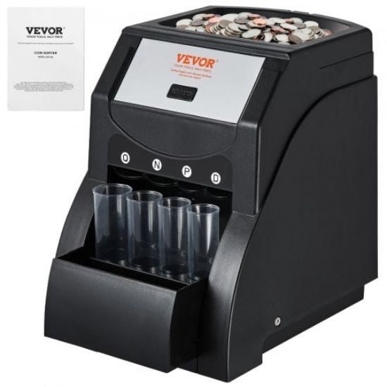 Picture of VEVOR USD Coin Sorter, Coin Sorter Machine for USD Coin 1￠ 5￠ 10￠ 25￠, Sorts up to 230 Coins/min, Coin Sorter and Wrapper Machine Holds 200 Coins Included 4 Coin Tubes, Black