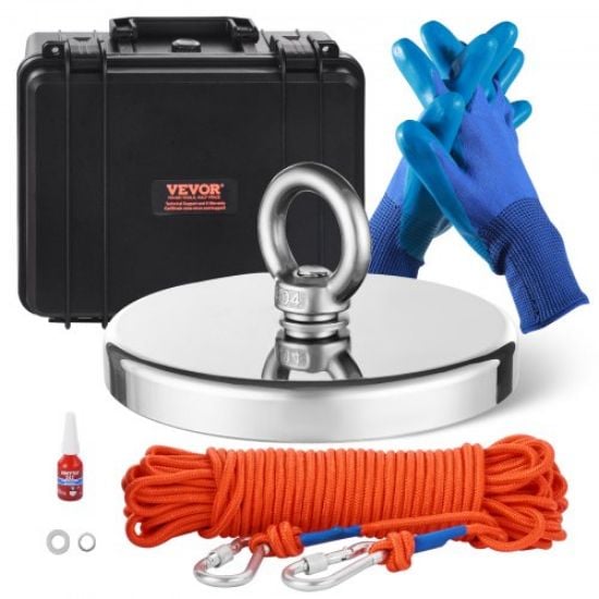 Picture of VEVOR Magnet Fishing Kit, 1200lbs 2.95inch Diameter Double Sided Fishing Magnets, Strong Neodymium Magnet with Heavy Duty 65FT Rope, Grappling Hook, Waterproof Case, Gloves, Threadlocker, Eye Bolt