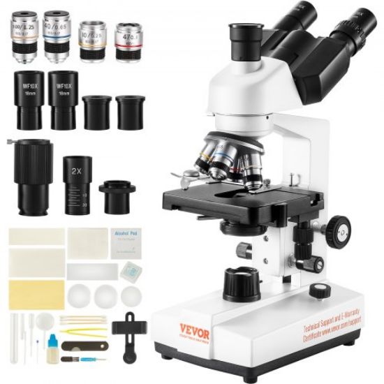 Picture of VEVOR Binocular Compound Microscope, 40X-2500X Magnification, Binocular Compound Lab Microscope with LED Illumination, Two-Layer Mechanical Stage, Includes Phone Holder & Microscope Slides