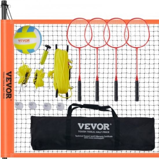 Picture of VEVOR Volleyball and Badminton Set, Outdoor Portable Badminton Net, Adjustable Height Steel Poles, Professional Combo Set with PVC Volleyball, Pump, Carrying Bag, Easy Setup for Backyard Beach Lawn