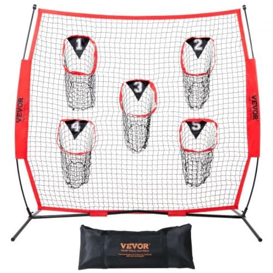 Picture of VEVOR 6 x 6 ft Football Trainer Throwing Net, Training Throwing Target Practice Net with 5 Target Pockets, Knotless Net Includes Bow Frame and Portable Carry Case, Improve QB Throwing Accuracy, Red