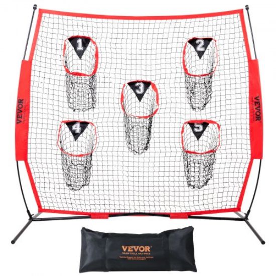 Picture of VEVOR 7 x 7 ft Football Trainer Throwing Net, Training Throwing Target Practice Net with 5 Target Pockets, Knotless Net Includes Bow Frame and Portable Carry Case, Improve QB Throwing Accuracy, Red