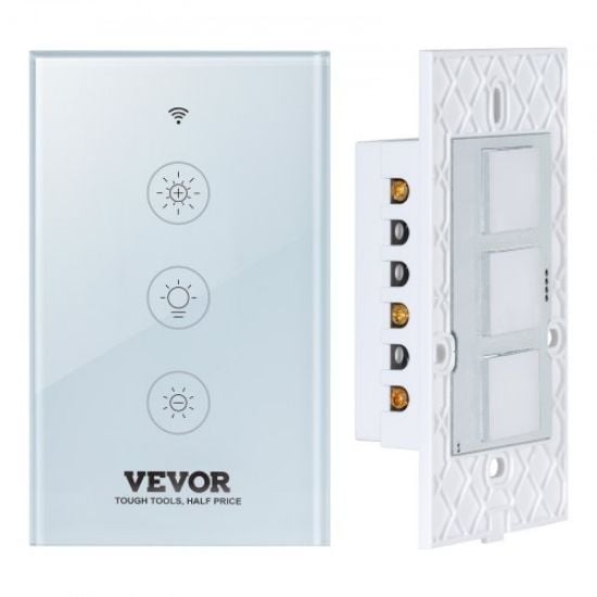 Picture of VEVOR 2PCS WiFi Smart Light Dimmer Switch, 100-250V AC Wi-Fi 2.4GHz, 15% to 85% Stepless Dimming LED Dimmable Smart Switch with Touch Panel, App Remote Control Voice Compatible with Alexa Google Home