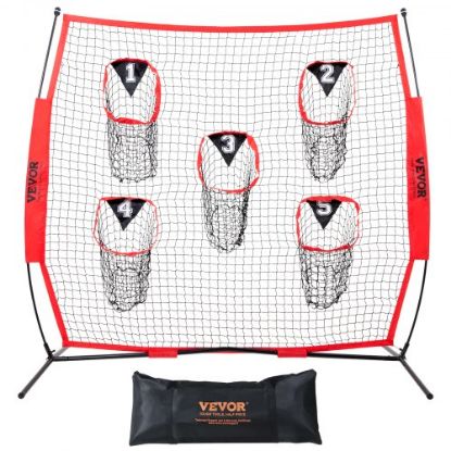 Picture of VEVOR 8 x 8 ft Football Trainer Throwing Net, Training Throwing Target Practice Net with 5 Target Pockets, Knotless Net Includes Bow Frame and Portable Carry Case, Improve QB Throwing Accuracy, Red