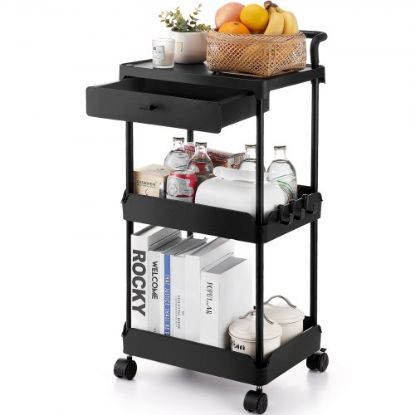 Picture of VEVOR 3-Tier Rolling Utility Cart, Kitchen Cart with Lockable Wheels, Multi-Functional Storage Trolley with Handle for Office, Living Room, Kitchen, Movable Storage Basket Organizer Shelves, Black