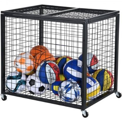 Picture of VEVOR Rolling Sports Ball Storage Cart, Lockable Basketball Cage with Elastic Straps, Sport Equipment Holder Organizer for Indoor Outdoor, Steel Storage Rack for Garages, Playgroup, Gym and Schools