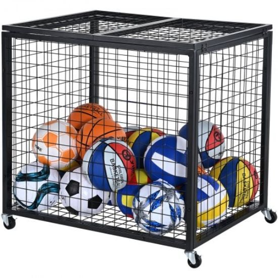 Picture of VEVOR Rolling Sports Ball Storage Cart, Lockable Basketball Cage with Elastic Straps, Sport Equipment Holder Organizer for Indoor Outdoor, Steel Storage Rack for Garages, Playgroup, Gym and Schools