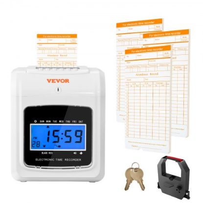 Picture of VEVOR Punch Time Clock, Time Tracker Machine for Employees of Small Business, 6 Punches per Day, Time Clock Punch Machine Includes 102 Time Cards, 1 Ink Ribbon and 2 Security Keys