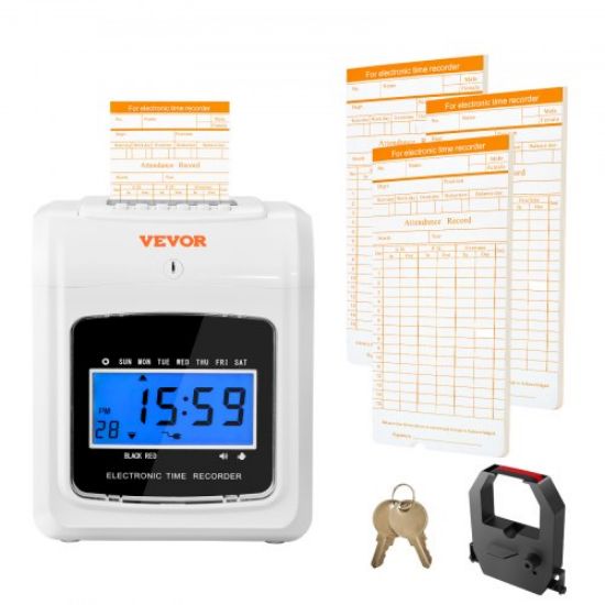 Picture of VEVOR Punch Time Clock, Time Tracker Machine for Employees of Small Business, 6 Punches per Day, Time Clock Punch Machine Includes 102 Time Cards, 1 Ink Ribbon and 2 Security Keys