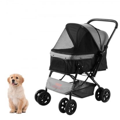 Picture of VEVOR Pet Stroller, 3 Wheels Dog Stroller Rotate with Brakes, 35lbs Weight Capacity, Puppy Stroller with Front Pedal, Velcro, Storage Basket and Cup Holder, for Dogs and Cats Travel, Black