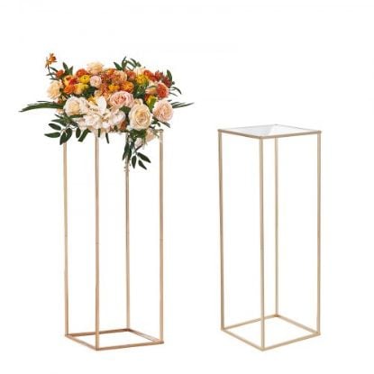 Picture of VEVOR 2PCS 31.5inch High Wedding Flower Stand, With Acrylic Laminate,Metal Vase Column Geometric Centerpiece Stands, Gold Rectangular Floral Display Rack for Events Reception, Party Decoration