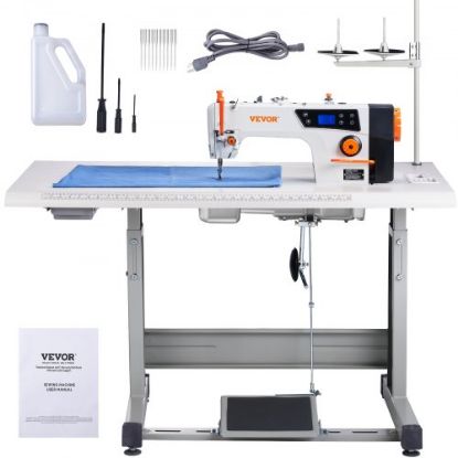 Picture of VEVOR Industrial Sewing Machine, 550W Servo Motor and Table Stand, 5000s.p.m Heavy-duty Lockstitch Sewing Machine, Clear Control Panel and Electro-mechanization Intelligent Start-stop for Easy Use