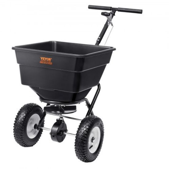 Picture of VEVOR Broadcast Spreader, 60 LB Walk-Behind Turf Spreader with 8" Wheels, Steel Push Fertilizer Spreader, Garden Seeder, and Salt Spreader, Designed for Residential, Farm, and Tough Terrain, Black