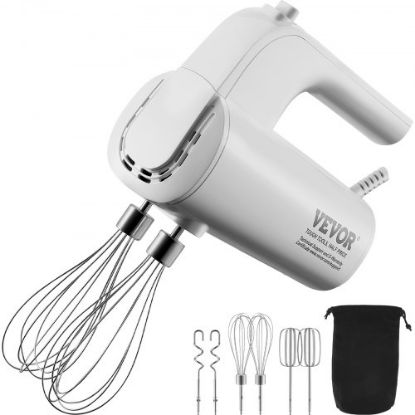 Picture of VEVOR Electric Hand Mixer, 5-Speed, 250 Watt Portable Electric Handheld Mixer, with Turbo Boost Beaters Dough Hooks Whisk Storage Case, Baking Supplies for Whipping Mixing Egg Cookie Cake Cream Batter