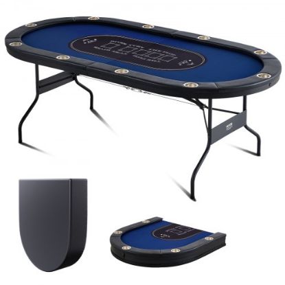 Picture of VEVOR 10 Player Foldable Poker Table, Blackjack Texas Holdem Poker Table with Padded Rails and Stainless Steel Cup Holders, Portable Folding Card Board Game Table, 90" Oval Casino Leisure Table