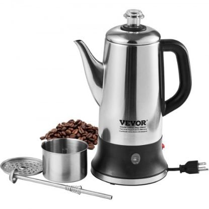 Picture of VEVOR 12-Cup Electric Percolator Coffee Pot, 304 Stainless Steel Coffee Percolator with Keep Warm Function & Heat-Resistant Handle, Classic Coffee Maker, Quick Brew & Easy-Pour Spout, Silver