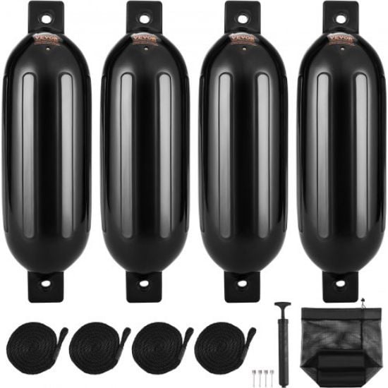 Picture of VEVOR Boat Fenders, 6.5" x 23" Boat Bumpers for Docking, Inflatable Ribbed Fender with Center Holes, Marine Boat Dock Fender Bumper with Air Pump, 4 Needles and 4 Ropes and Storage Bag, Black