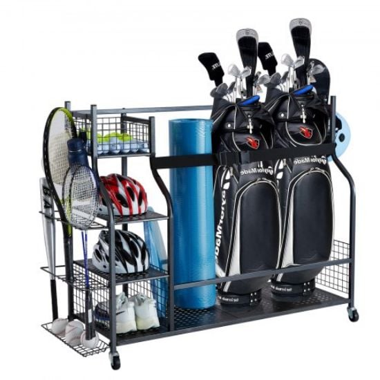 Picture of VEVOR Sports Equipment Garage Organizer, Rolling Ball Storage Cart on Wheels, Basketball Rack with Baskets & Hooks, Indoor/Outdoor Sports Gear and Toys Storage, Steel Sports Equipment Organizer, Black