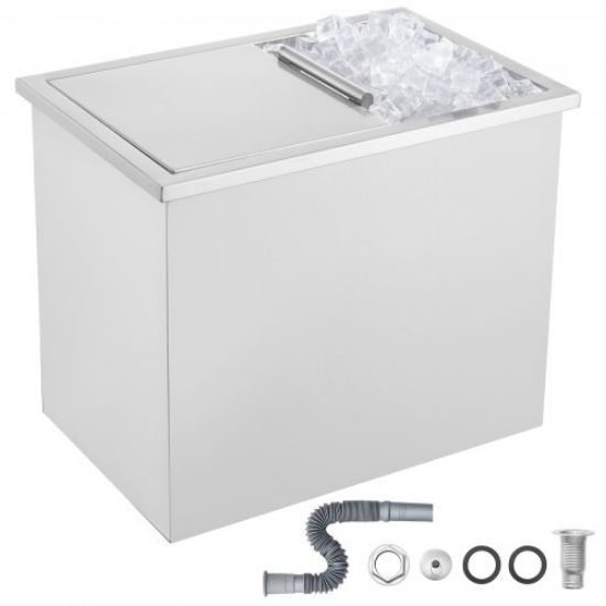 Picture of VEVOR Drop in Ice Chest, 24"L x 20"W x 15"H Stainless Steel Ice Cooler, Commercial Ice Bin with Hinged Cover, 40 qt Outdoor Kitchen Ice Bar, Drain-pipe and Drain Plug Included, for Cold Wine Beer