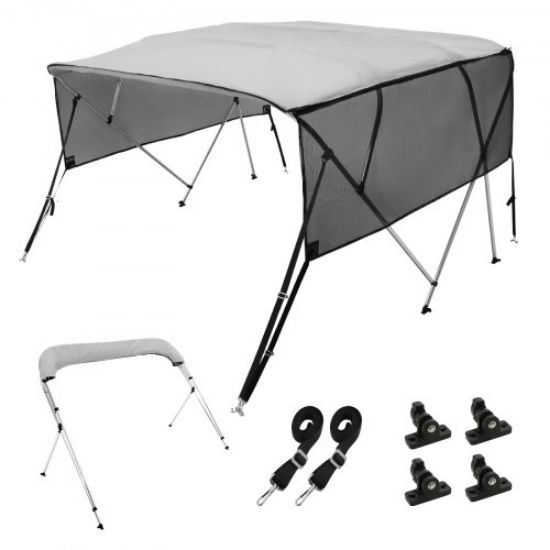 Picture of VEVOR 4 Bow Bimini Top Boat Cover, Detachable Mesh Sidewalls, 600D Polyester Canopy with 1" Aluminum Alloy Frame, Includes Storage Boot, 2 Straps, 2 Support Poles, 8'L x 54"H x 85"-90"W, Light Grey