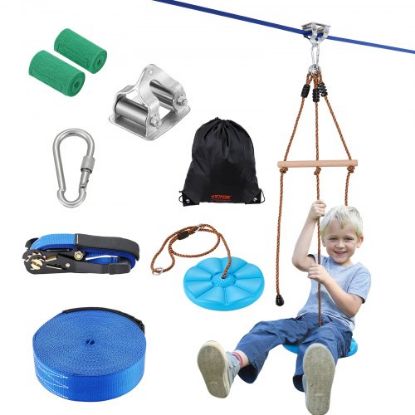 Picture of VEVOR Zipline Kit for Kids and Adult, 100 ft Zip Line Kits Up to 500 lb, Backyard Outdoor Quick Setup Zipline, Playground Entertainment with Stainless Steel Zipline, Spring Brake, Safety Harness, Seat